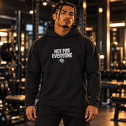 NOT FOR EVERYONE men's black microterry hoodie, front lifestyle view